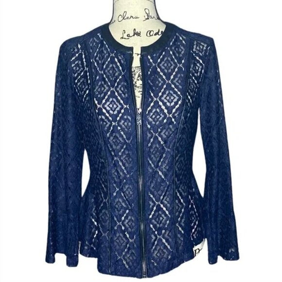 Kim Gravel Womens Navy Blue Peplum Lace Jacket Size XXS - Picture 2 of 11